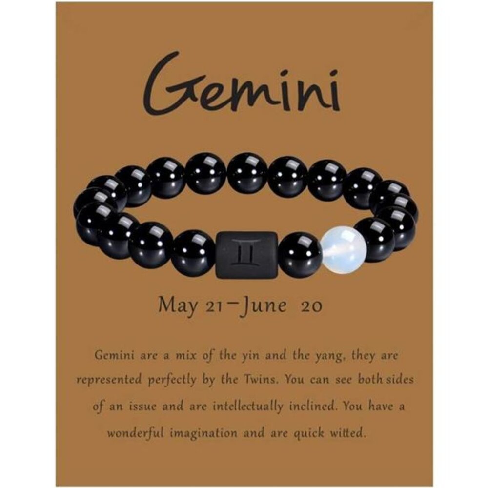 Zodiac Bracelet for Men Women, 8mm 10mm Natural Black Onyx Stone Star Sign